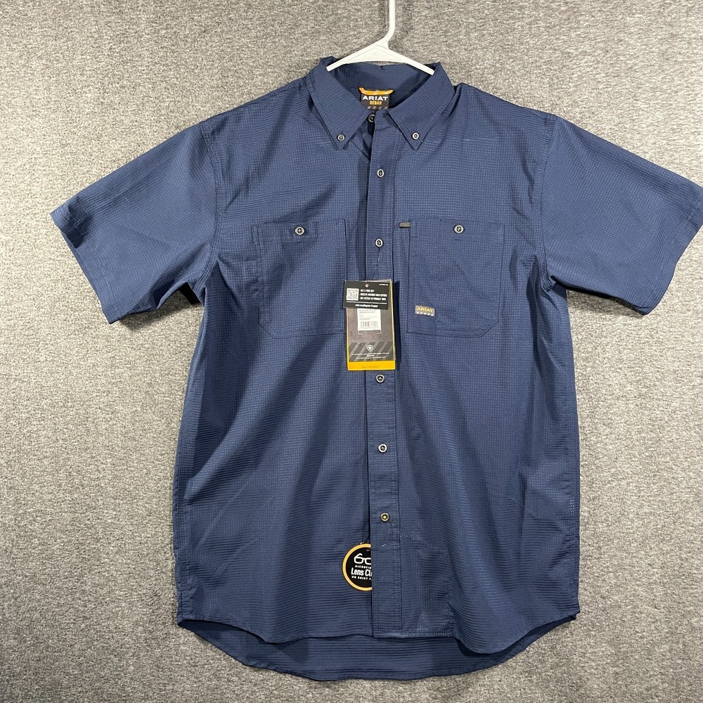 Ariat Shirt Mens Medium Rebar Made Tough 360 AirFlow Short Sleeve Work Navy